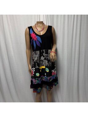 Lisa Mark Honolulu Patchwork Floral Applique Cotton Dress Size XL Black Artsy